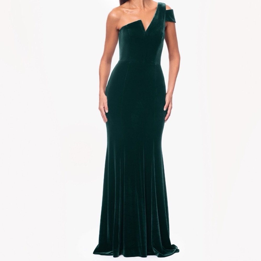 New Betsy & Adam Ella Long Velvet One Shoulder Dress Size 2 (Hunter Green)